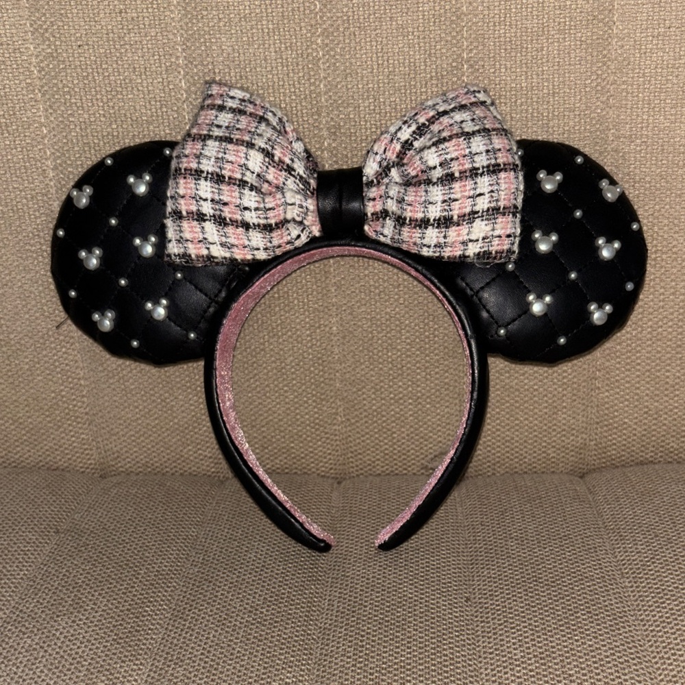 Disney Black Quilted Minnie Ear Headband with Pink Tweed Bow and Pearl Accents